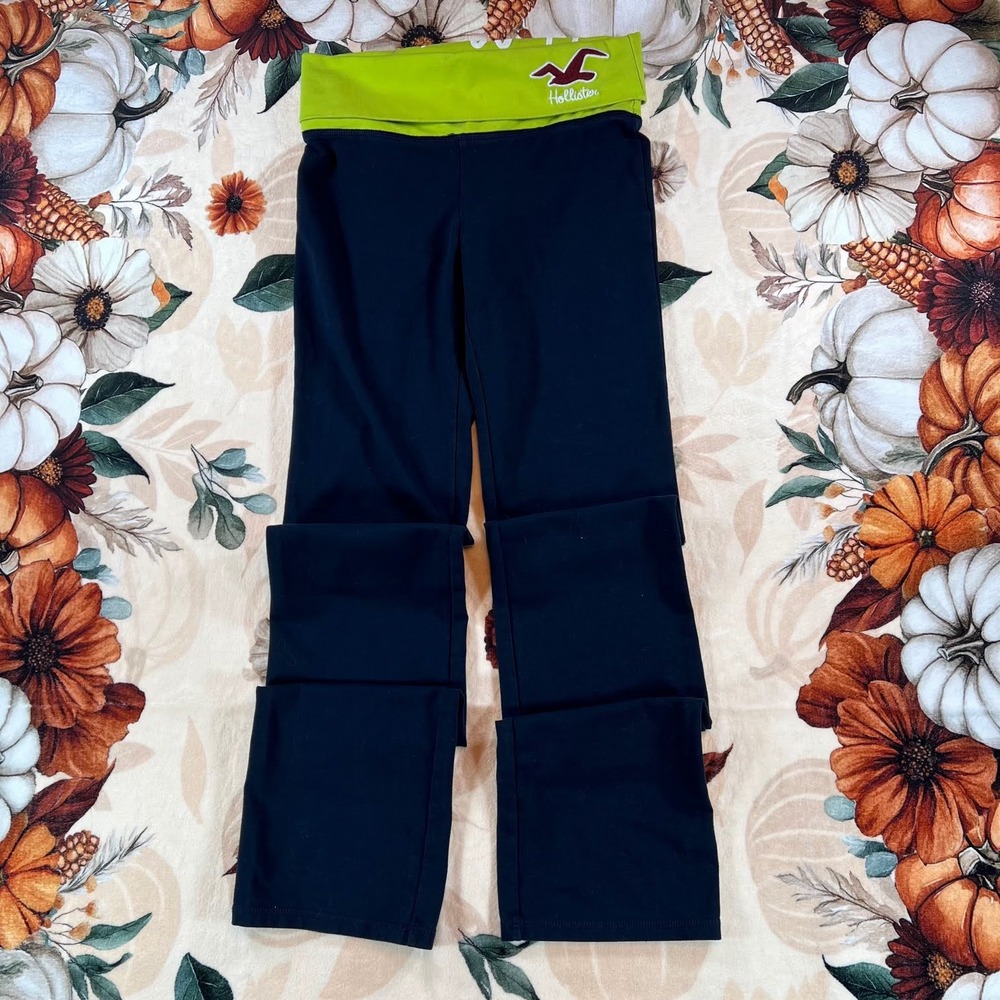 Hollister Womens Foldover Waistband Yoga Flare Leg Pants Black Lime Size XS